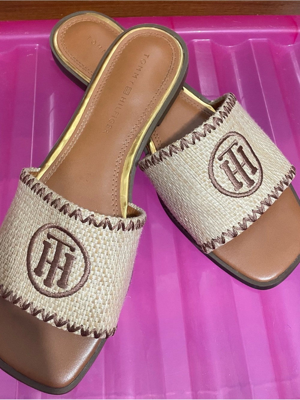 Tommy Hilfiger Natural Woven Slide Mules with Brown Trim